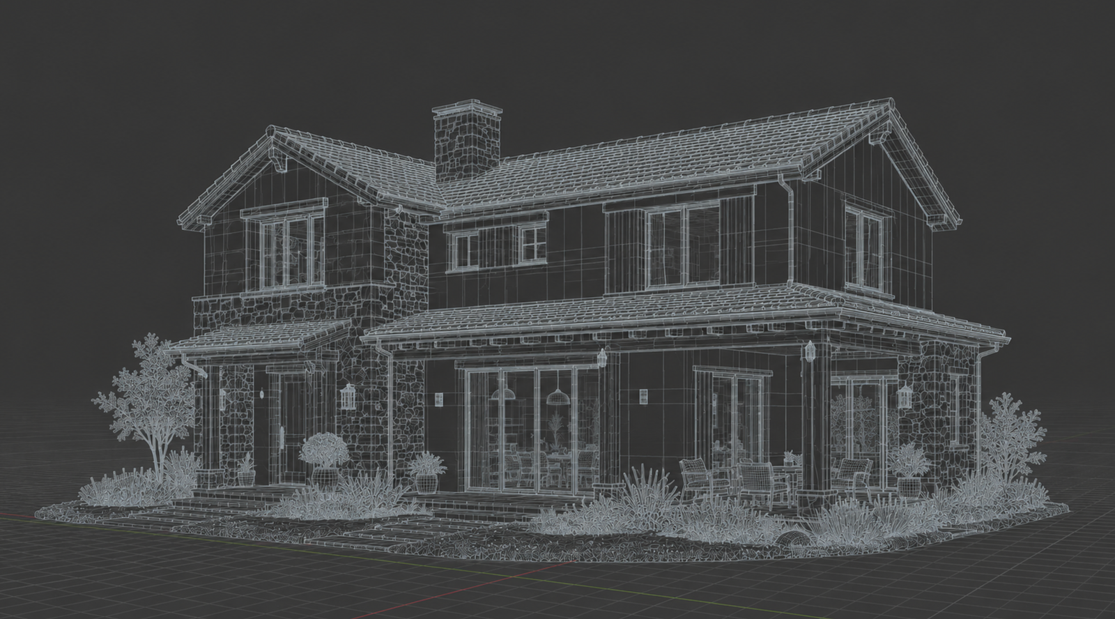 Vista wireframe del modelado 3D del proyecto residencial Lorenzo Home
