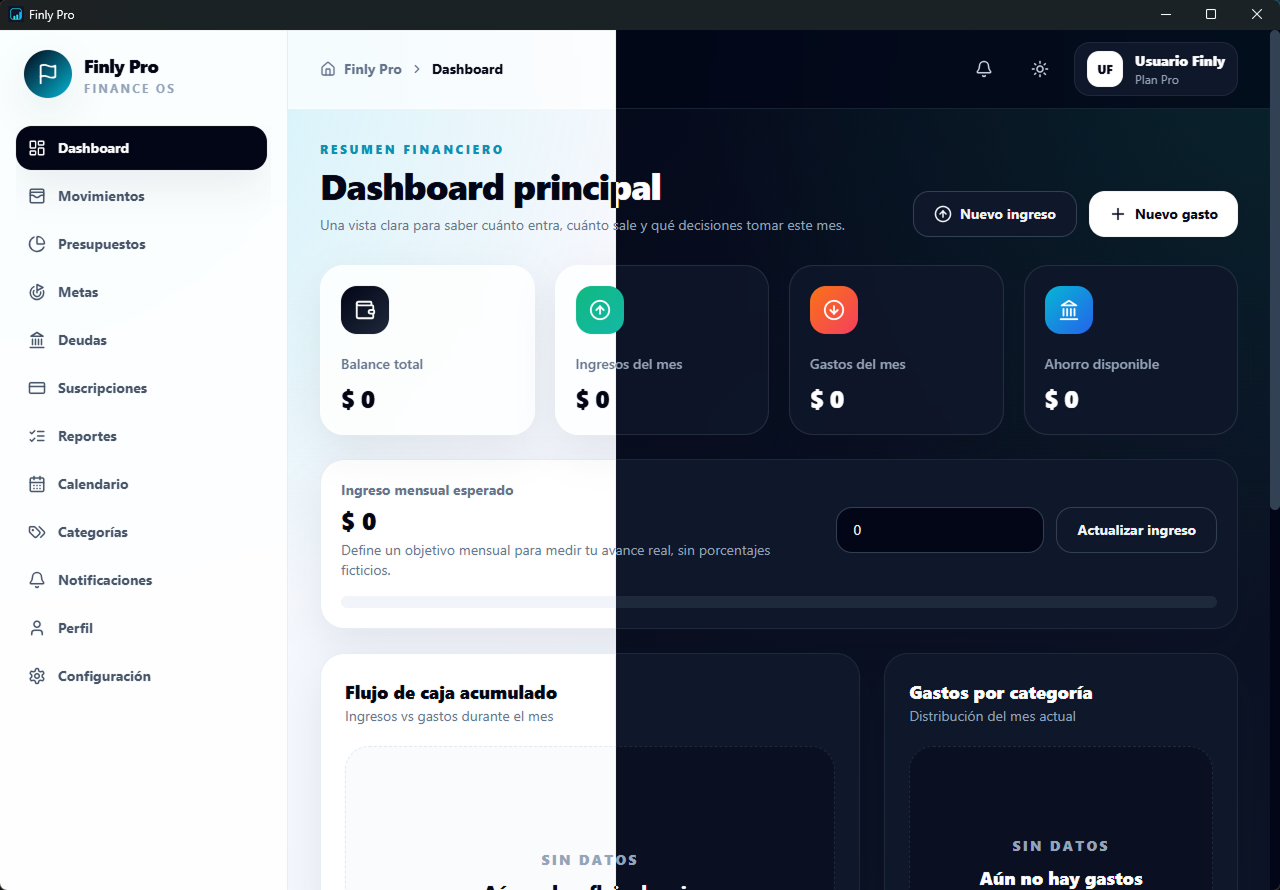 Diseño UX UI del dashboard financiero de Finly Pro en modos claro y oscuro